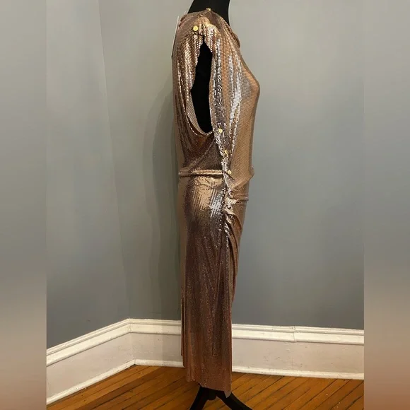 RABANNE Gold Chainmail Drapé Pression Dress, size 38 - Picture 6 of 12